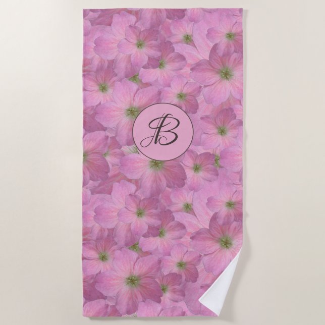 Sweet Pink Floral Pattern with Custom Monogram Beach Towel (Front)