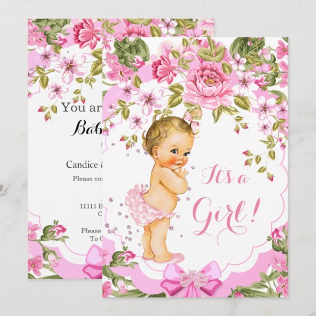 Sweet Pink Floral Rose Baby Shower Girl Blonde Invitation (Front/Back)