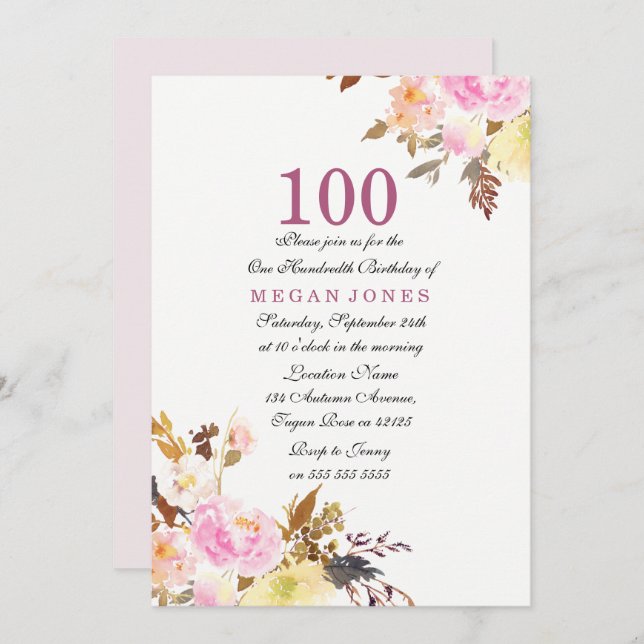 Sweet Pink Floral Script 100th Birthday Invitation (Front/Back)