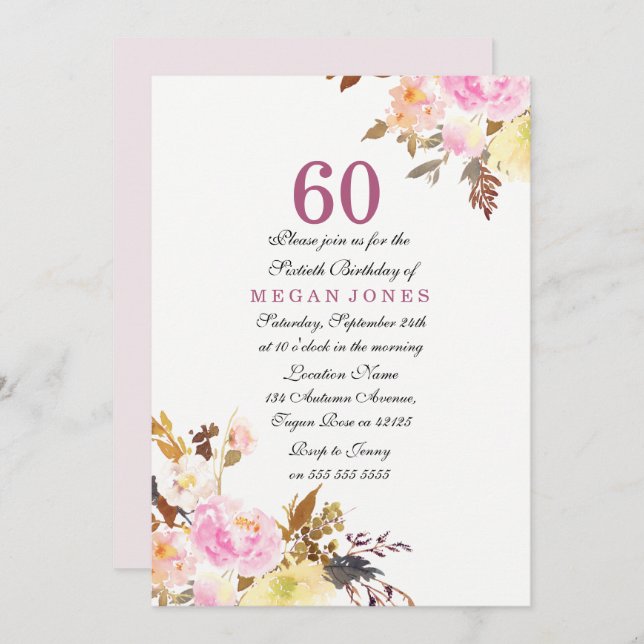 Sweet Pink Floral Script 60th Birthday Invitation (Front/Back)