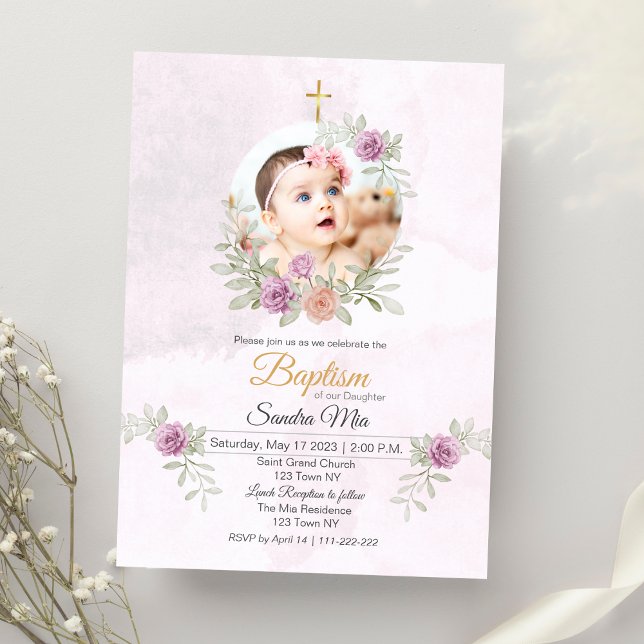 Sweet Pink Floral with Photo Baptism Invitation (Sweet Pink Floral with photo Baptism Invitation)