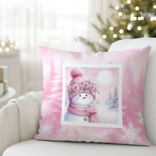 Sweet Pink Forest Pinkmas Snowman Kids Cushion