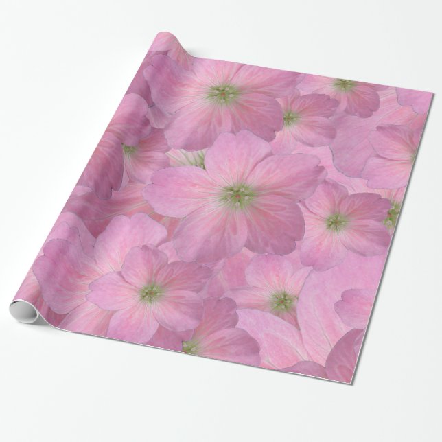 Sweet Pink Garden Flowers Pattern Wrapping Paper (Unrolled)