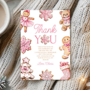 Sweet Pink Gingerbread Cookie Birthday Party Thank You Card