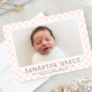 Sweet Pink Gingham Pattern Birth Announcement