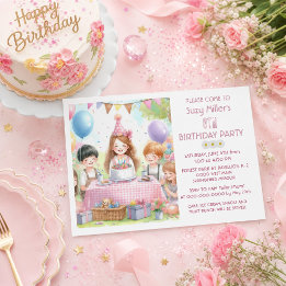 Sweet Pink Girls 6th Birthday Balloon Party Fun Invitation