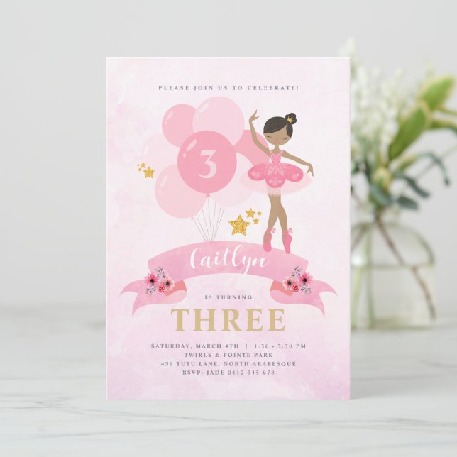Sweet Pink & Gold Ballerina Birthday Invitation (Standing Front)
