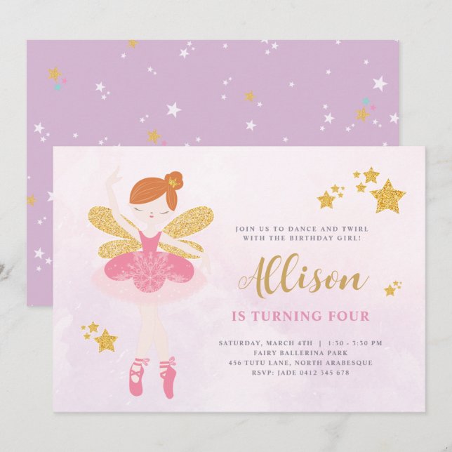 Sweet Pink & Gold Ballerina Fairy Birthday Invitat Invitation (Front/Back)