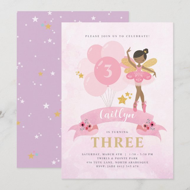 Sweet Pink & Gold Ballerina Fairy Birthday Invitat Invitation (Front/Back)