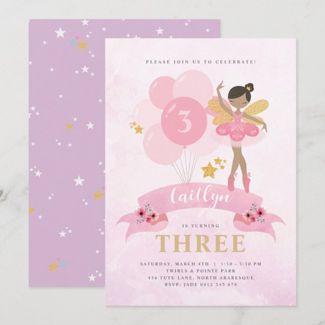 Sweet Pink & Gold Ballerina Fairy Birthday Invitation (Front/Back)