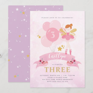 Sweet Pink & Gold Ballerina Fairy Birthday Invitation