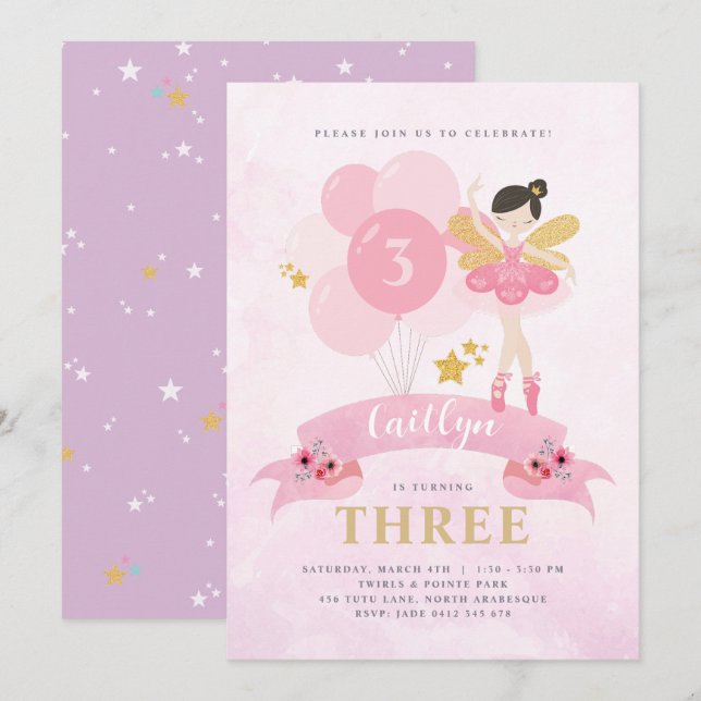 Sweet Pink & Gold Ballerina Fairy Birthday Invitation (Front/Back)