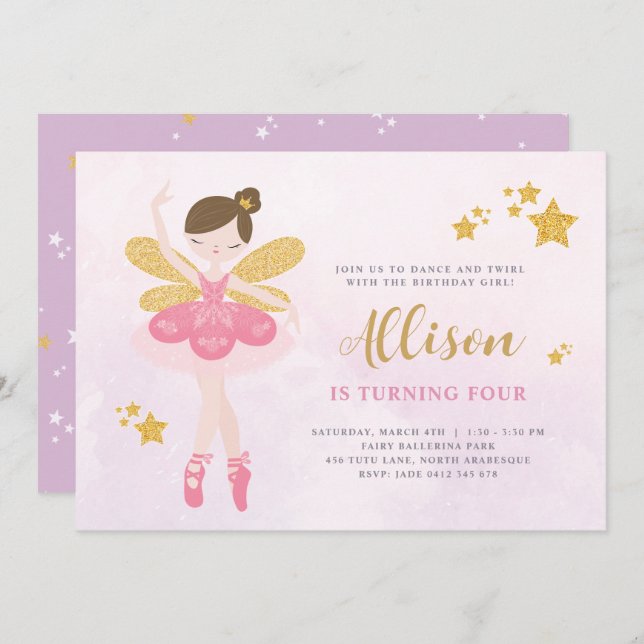 Sweet Pink & Gold Ballerina Fairy Birthday Invitation (Front/Back)