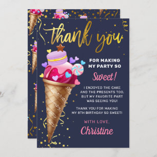 Sweet Pink Gold Ice Cream Birthday Navy Blue Thank You Card