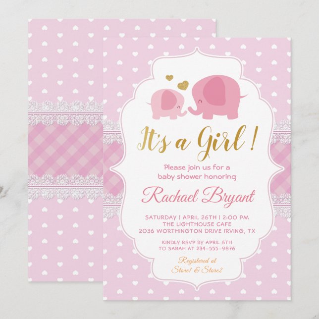 Sweet Pink Gold Lace Elephant Girl Baby Shower Invitation (Front/Back)