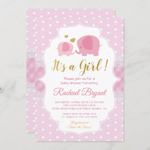 Sweet Pink Gold Lace Elephant Girl Baby Shower Invitation