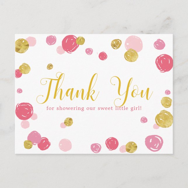 Sweet Pink Gold Polka Dots Baby Shower Thank You Postcard (Front)