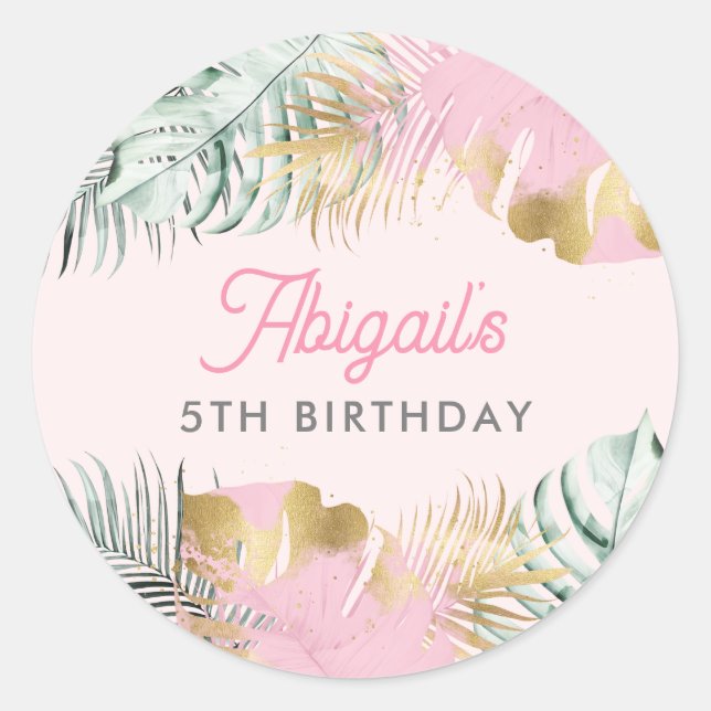 Sweet Pink & Gold Tropical Leaves Birthday Classic Round Sticker (Front)