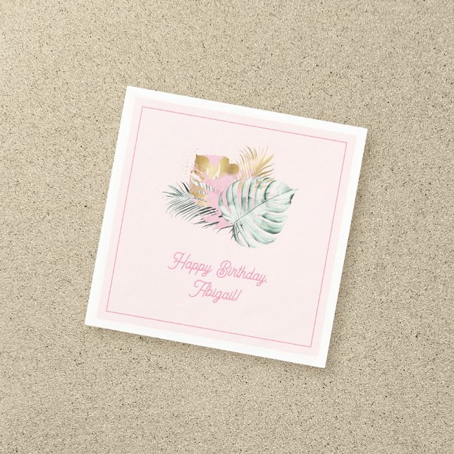 Sweet Pink & Gold Tropical Leaves Birthday Party Napkin (Creator Uploaded)