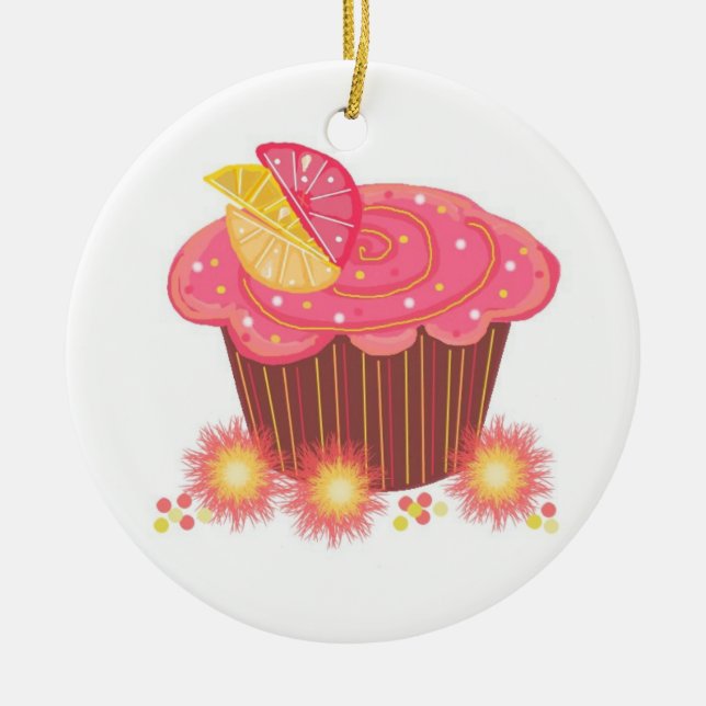 Sweet Pink Grapefruit Cupcake Ceramic Tree Decoration (Front)