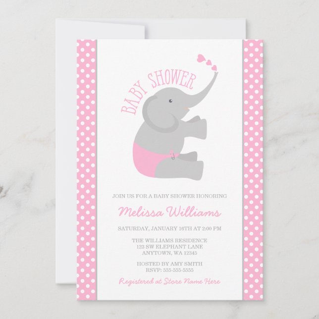 Sweet Pink Grey Elephant Baby Shower Invitations (Front)