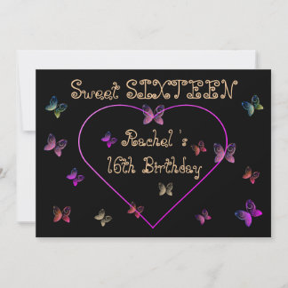 sweet Pink Heart Butterflies Sweet 16 Birthday Invitation