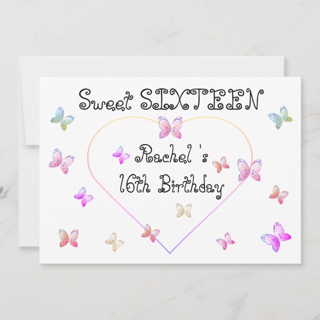 sweet Pink Heart Butterflies Sweet 16 Birthday  Invitation (Front)