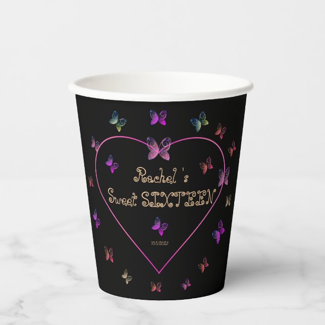 sweet Pink Heart Butterflies Sweet 16 Birthday  Paper Cups (Front)