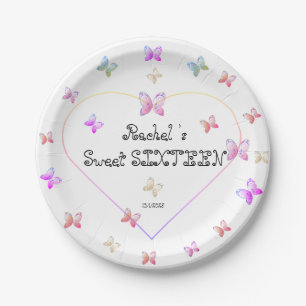 sweet Pink Heart Butterflies Sweet 16 Birthday Paper Plate