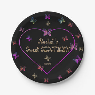 sweet Pink Heart Butterflies Sweet 16 Birthday Paper Plate
