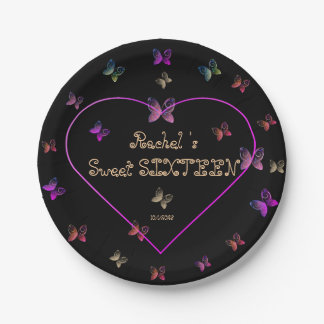 sweet Pink Heart Butterflies Sweet 16 Birthday Paper Plate