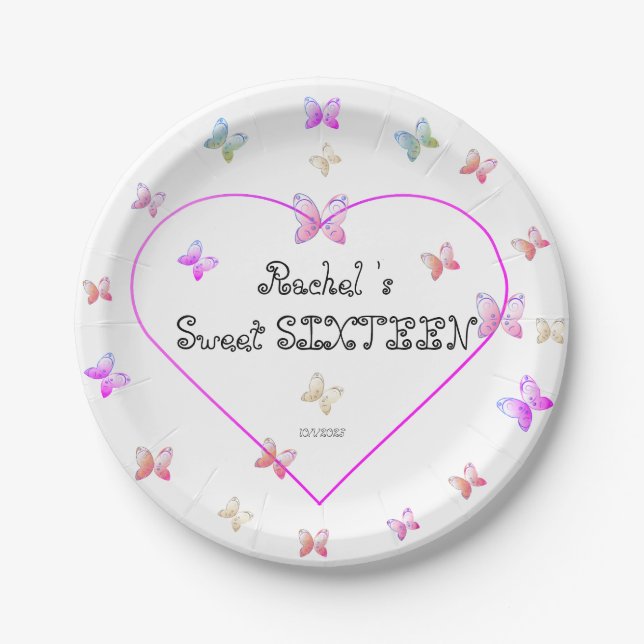 sweet Pink Heart Butterflies Sweet 16 Birthday  Paper Plate (Front)