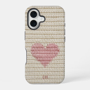 Sweet Pink Heart Crochet Yarn Custom Initials iPhone 16 Case