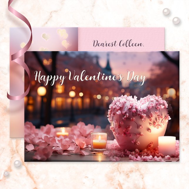 Sweet Pink Heart Happy Valentine's Day Card (Boho chic Valentine's Day card featuring a pink heart surrounded by candles and rose petals)