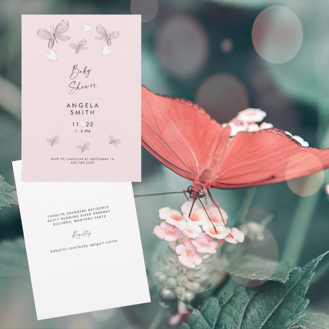 Sweet Pink Hearts and Butterflies Baby Girl Shower Invitation (Creator Uploaded)