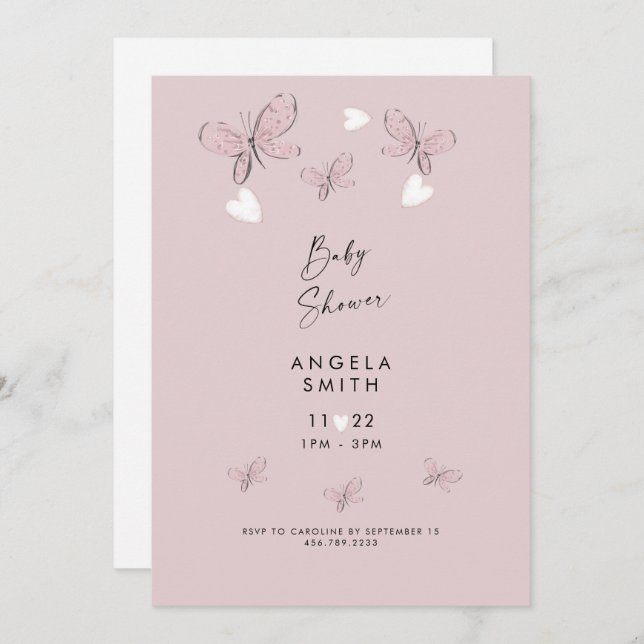Sweet Pink Hearts & Butterflies Baby Girl Shower Invitation (Front/Back)
