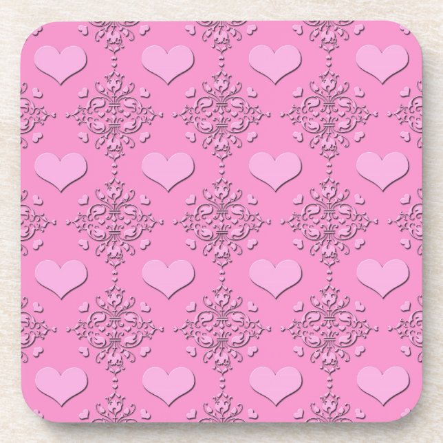 Sweet Pink Hearts Damask Coaster (Front)