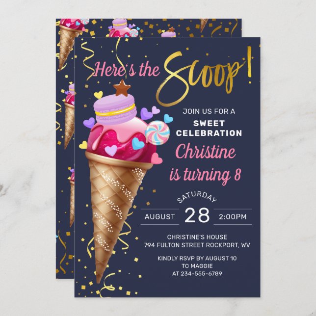 Sweet Pink Ice Cream Birthday Nave Blue Invitation (Front/Back)