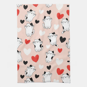 Sweet Pink Kawaii Cats & Hearts Pattern (1) Tea Towel
