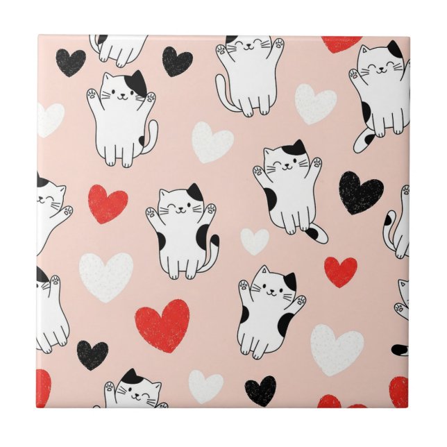 Sweet Pink Kawaii Cats & Hearts Pattern (1) Tile (Front)