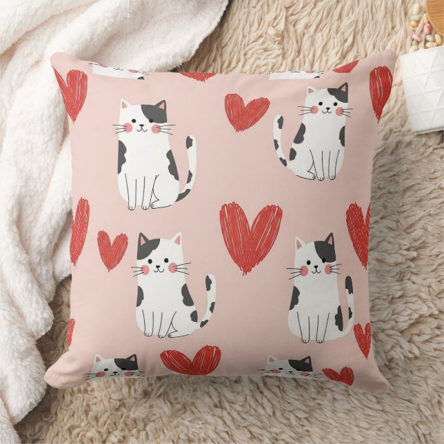 Sweet Pink Kawaii Cats & Hearts Pattern (2) Cushion (Blanket)