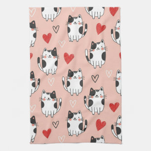 Sweet Pink Kawaii Cats & Hearts Pattern (3) Tea Towel