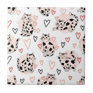 Sweet Pink Kawaii Cats & Hearts Pattern (4) Tile