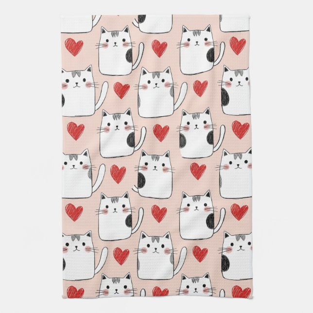 Sweet Pink Kawaii Cats & Hearts Pattern (5) Tea Towel (Vertical)