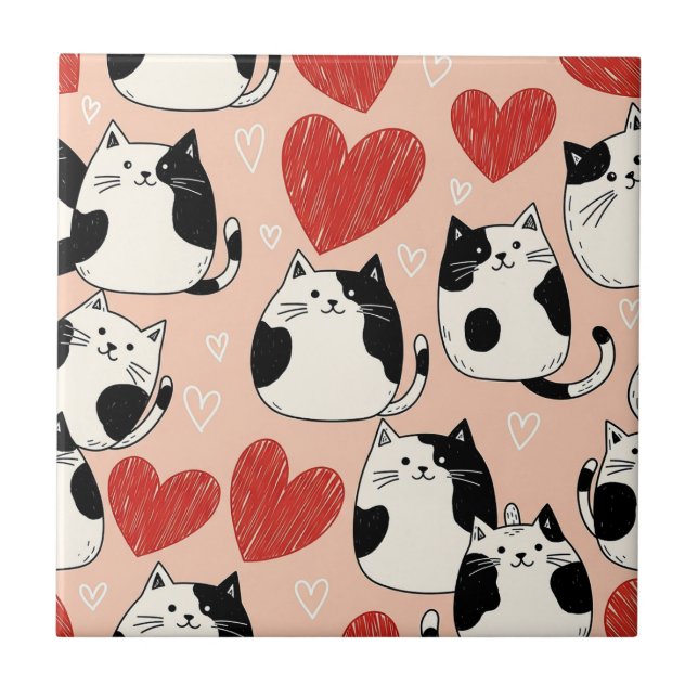 Sweet Pink Kawaii Cats & Hearts Pattern (6) Tile (Front)