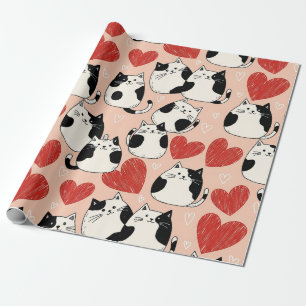 Sweet Pink Kawaii Cats & Hearts Pattern (6) Wrapping Paper