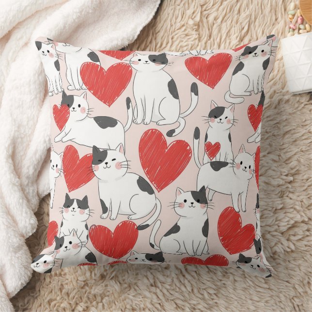 Sweet Pink Kawaii Cats & Hearts Pattern (7) Cushion (Blanket)