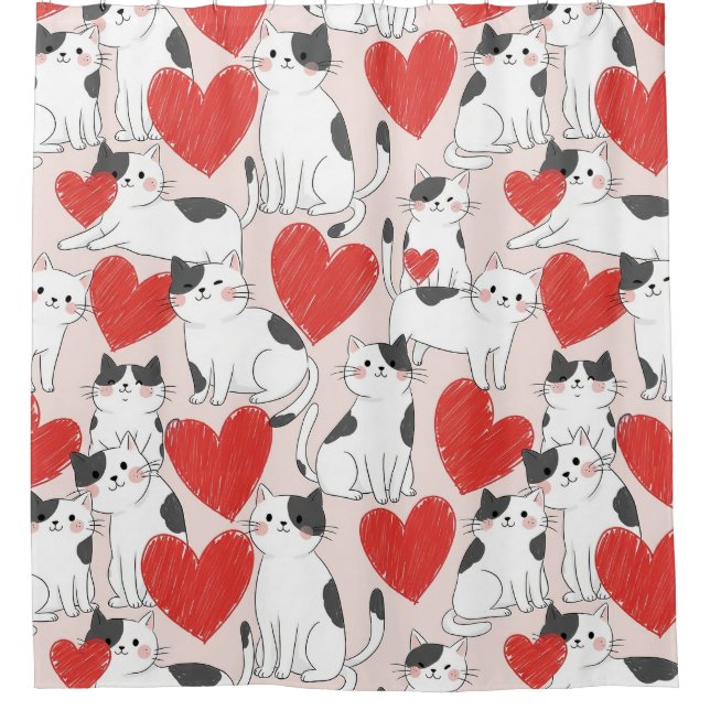 Sweet Pink Kawaii Cats & Hearts Pattern (7) Shower Curtain (Front)