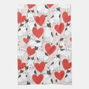 Sweet Pink Kawaii Cats & Hearts Pattern (7) Tea Towel