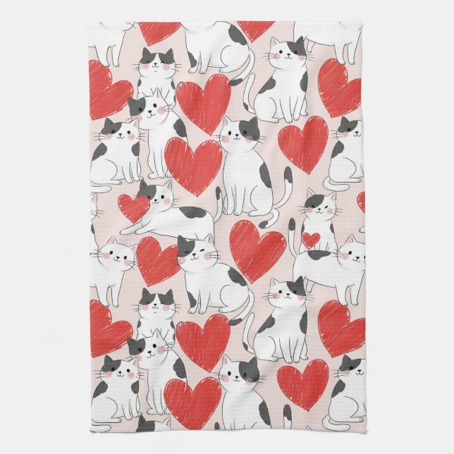 Sweet Pink Kawaii Cats & Hearts Pattern (7) Tea Towel (Vertical)